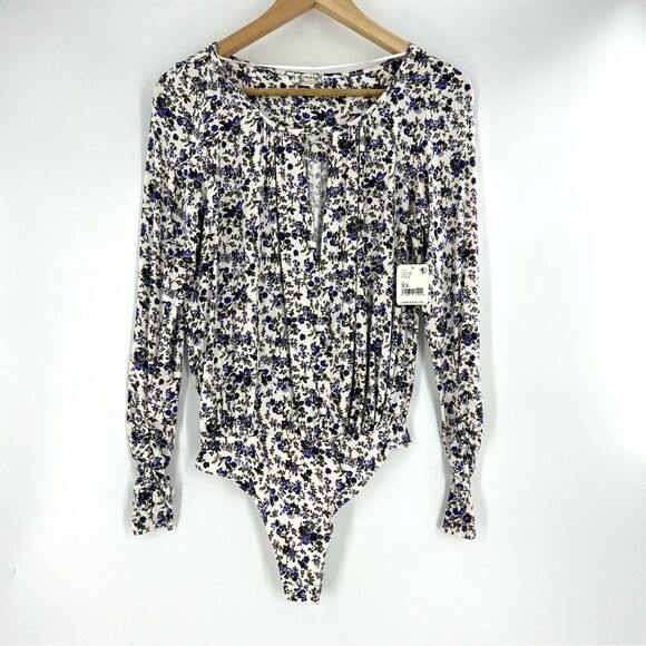 NWT Free People Kaya Bodysuit Floral Print Keyhole Cutout V-Neck Ivory Combo XS - Picture 3 of 15